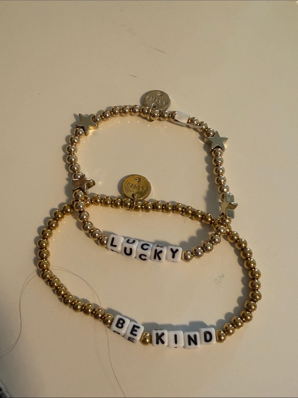 Little Words Project Gold Beaded 'Be Kind' and 'Lucky' Stackable Bracelets M/L